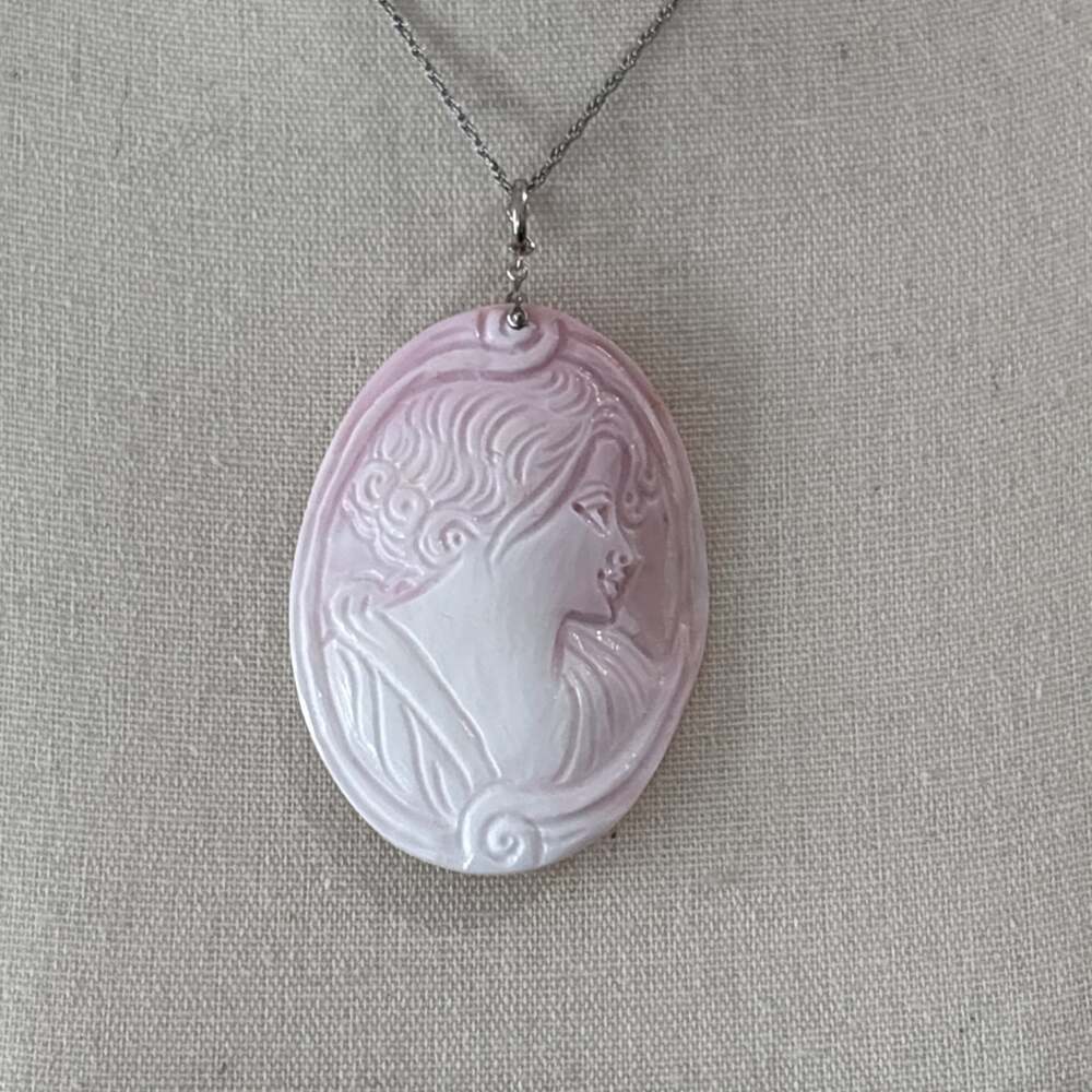 HUGE M+M Scognamiglio Cameo Sterling Enhancer Pendant Hand Carved Pink Shell
